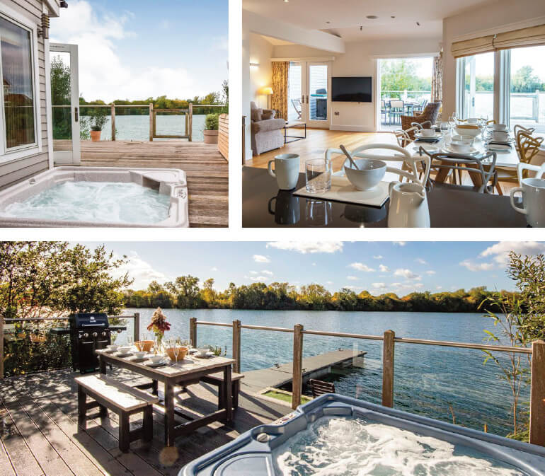 holiday cottages with hot tubs; Staycation Holidays, The Moorings, and Scout on the Water, The Landings, Cotswold Water Park