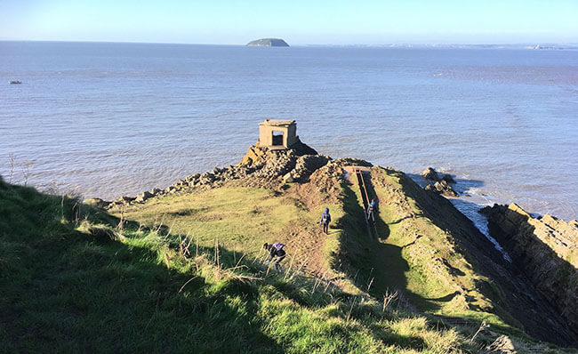 Brean Down Coastal Walk:Searchlight bunker and rail track for bouncing bomb